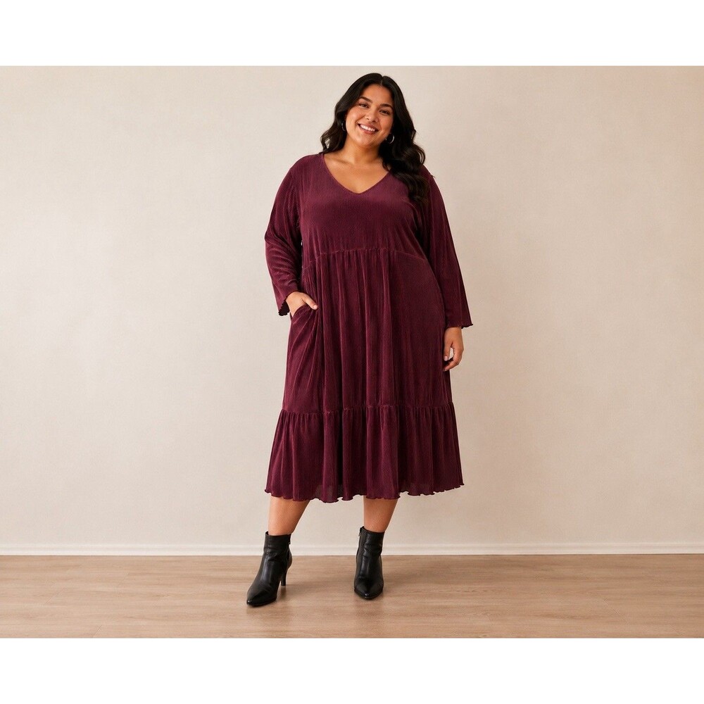 Terra & Sky Plisse Dress Womens 4X Burgundy V-Neck Long Sleeve Tiered Boho